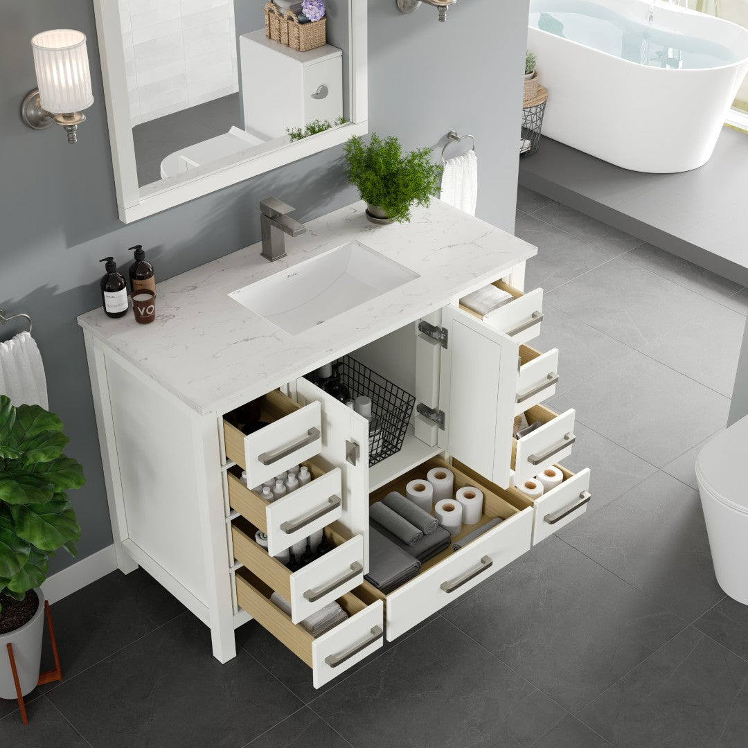 London 42 in. White Single Sink Bath Vanity with Carrara Quartz Top and Undermount Porcelain Sink
