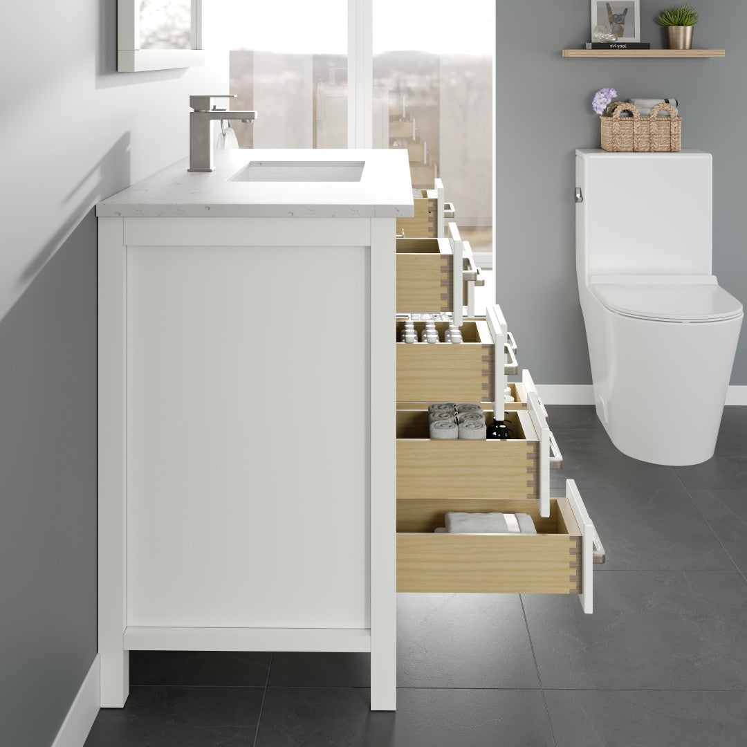 London 42 in. White Single Sink Bath Vanity with Carrara Quartz Top and Undermount Porcelain Sink