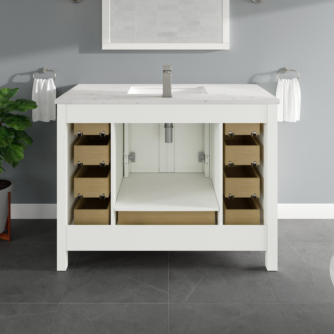 London 42 in. White Single Sink Bath Vanity with Carrara Quartz Top and Undermount Porcelain Sink