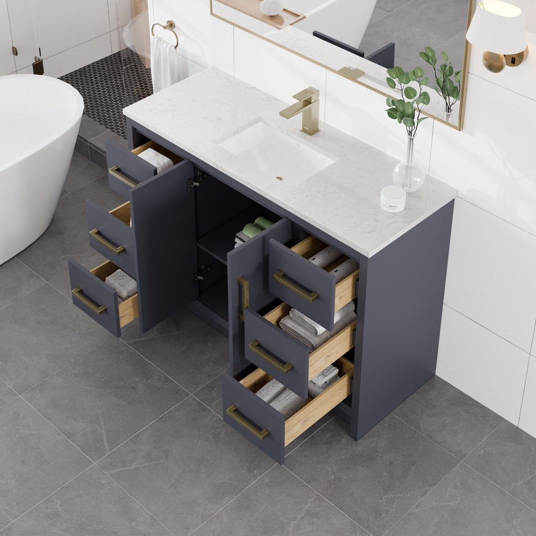 Curio 48 in. Dark Blue Single Sink Bath Vanity with Carrara Quartz Top and Undermount Porcelain Sink