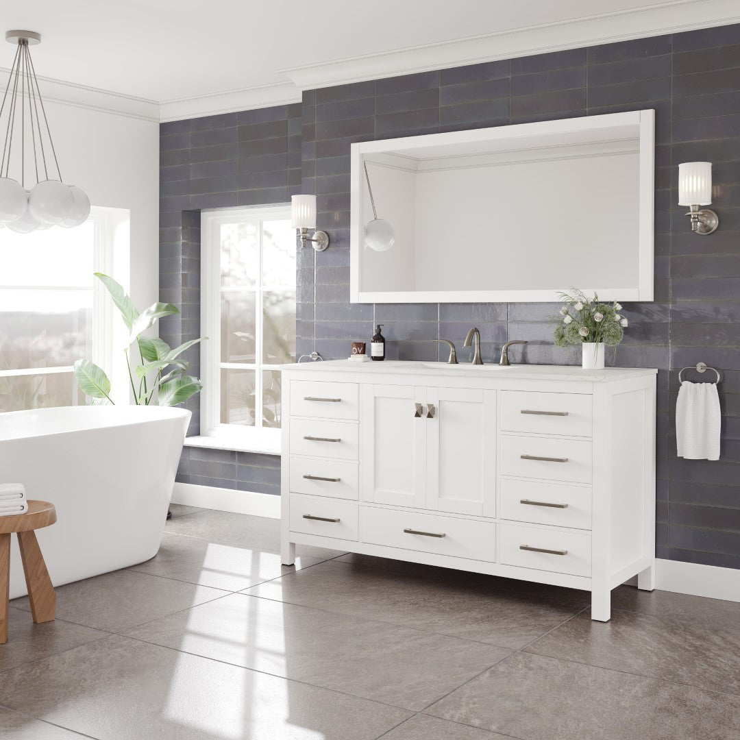 Aberdeen 60 in. White Single Sink Bath Vanity with Carrara Quartz Top and Undermount Porcelain Sink