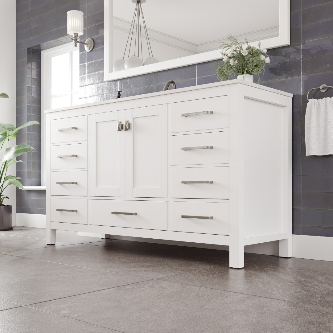 Aberdeen 60 in. White Single Sink Bath Vanity with Carrara Quartz Top and Undermount Porcelain Sink