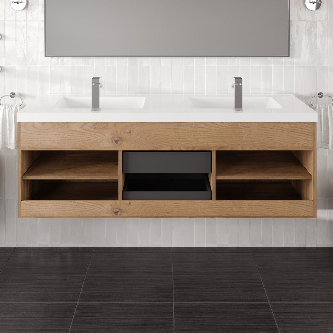 Lugano 60 in. Natural Oak Wall Mount Double Sink  Bath Vanity with Acrylic Top and Integrated Sinks