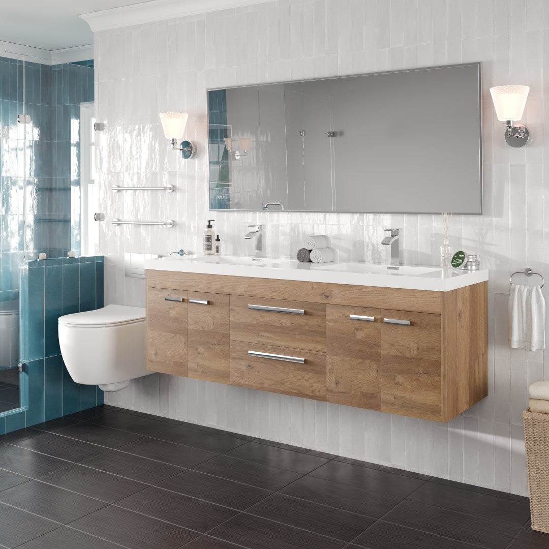Lugano 60 in. Natural Oak Wall Mount Double Sink  Bath Vanity with Acrylic Top and Integrated Sinks