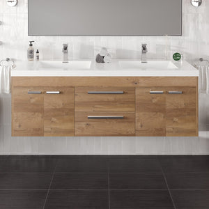 Lugano 60 in. Natural Oak Wall Mount Double Sink  Bath Vanity with Acrylic Top and Integrated Sinks