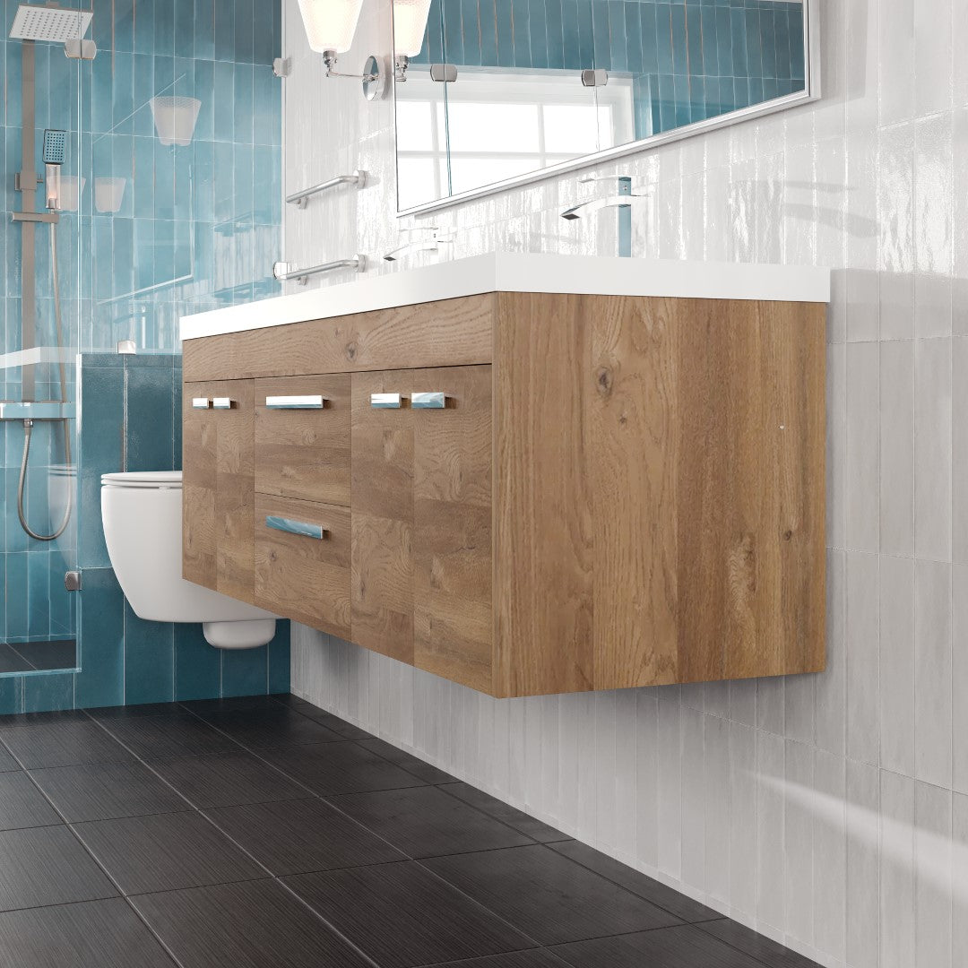 Lugano 60 in. Natural Oak Wall Mount Double Sink  Bath Vanity with Acrylic Top and Integrated Sinks