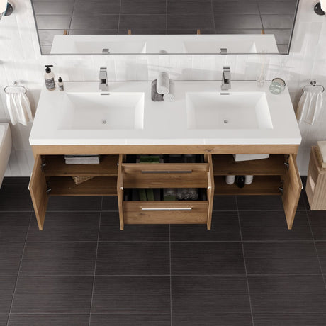 Lugano 60 in. Natural Oak Wall Mount Double Sink  Bath Vanity with Acrylic Top and Integrated Sinks
