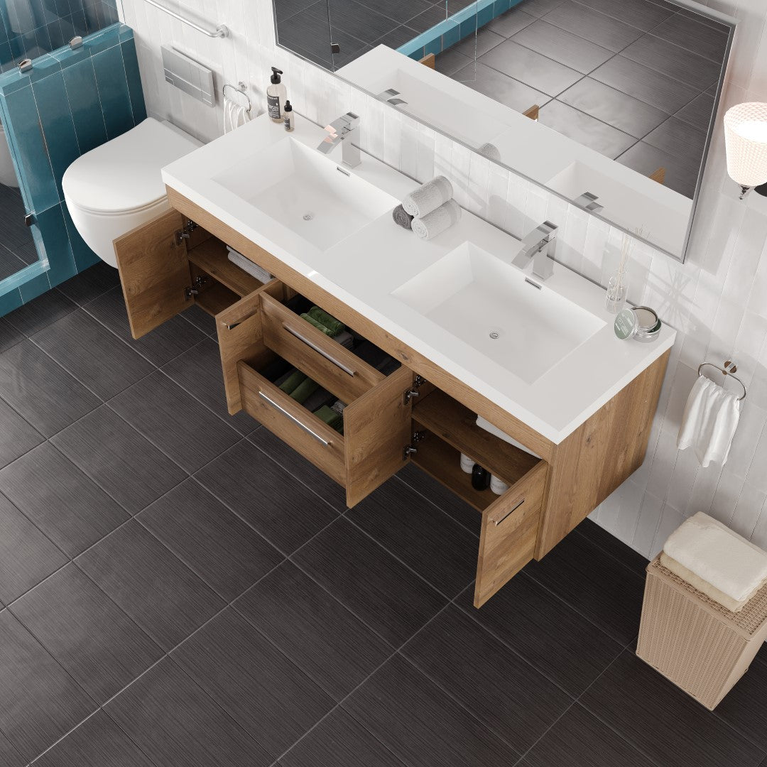 Lugano 60 in. Natural Oak Wall Mount Double Sink  Bath Vanity with Acrylic Top and Integrated Sinks