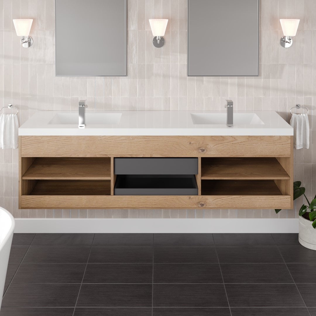 Lugano 72 in. Natural Oak Wall Mount Double Sink  Bath Vanity with Acrylic Top and Integrated Sinks