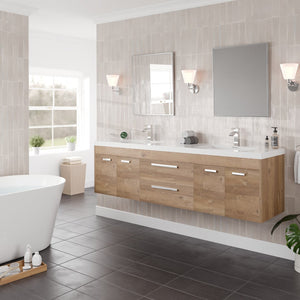 Lugano 72 in. Natural Oak Wall Mount Double Sink  Bath Vanity with Acrylic Top and Integrated Sinks