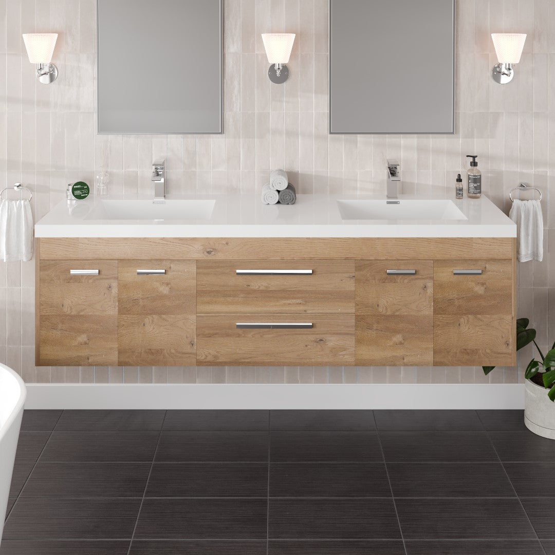Lugano 72 in. Natural Oak Wall Mount Double Sink  Bath Vanity with Acrylic Top and Integrated Sinks