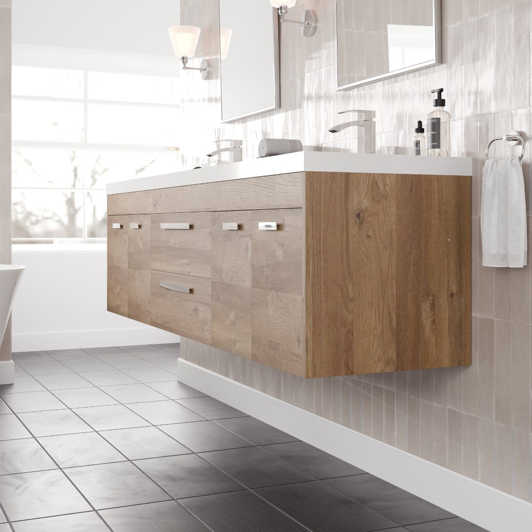 Lugano 72 in. Natural Oak Wall Mount Double Sink  Bath Vanity with Acrylic Top and Integrated Sinks