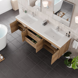 Lugano 72 in. Natural Oak Wall Mount Double Sink  Bath Vanity with Acrylic Top and Integrated Sinks