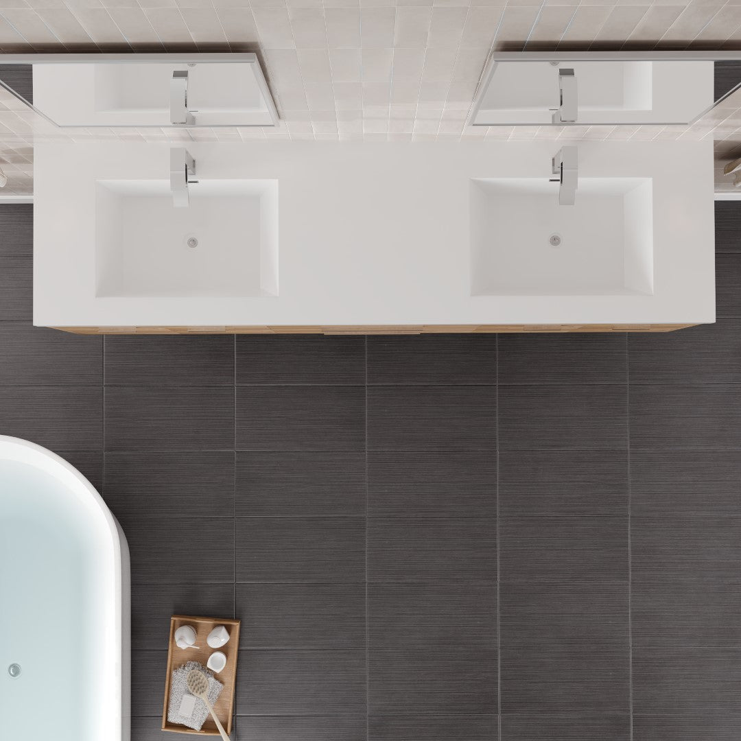 Lugano 72 in. Natural Oak Wall Mount Double Sink  Bath Vanity with Acrylic Top and Integrated Sinks