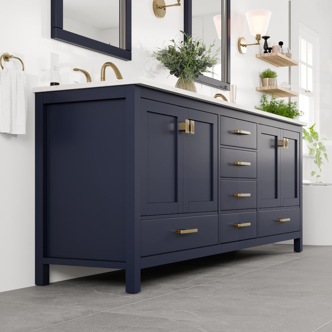 Aberdeen 84 in. Blue Double Sink  Bath Vanity with Carrara Quartz Top and Undermount Porcelain Sinks