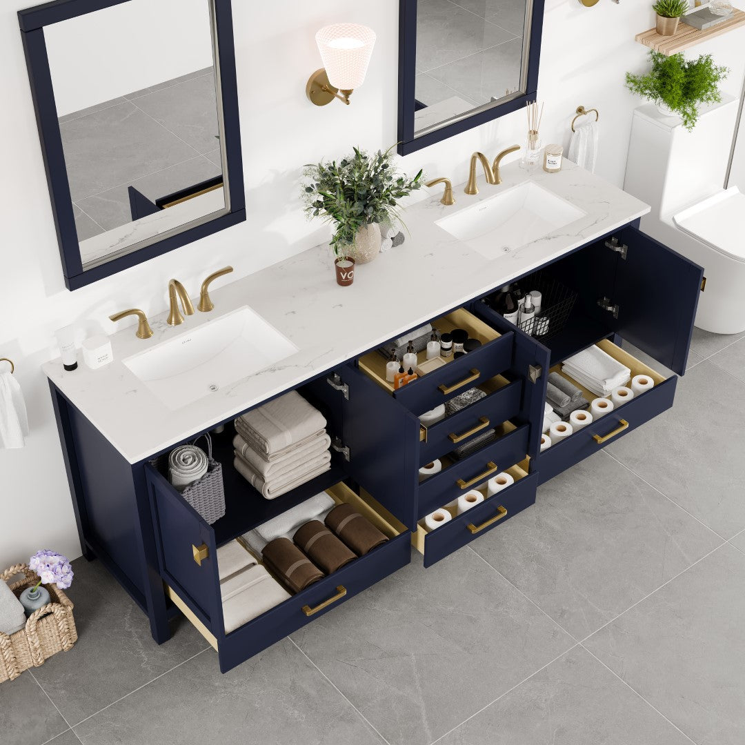 Aberdeen 84 in. Blue Double Sink  Bath Vanity with Carrara Quartz Top and Undermount Porcelain Sinks