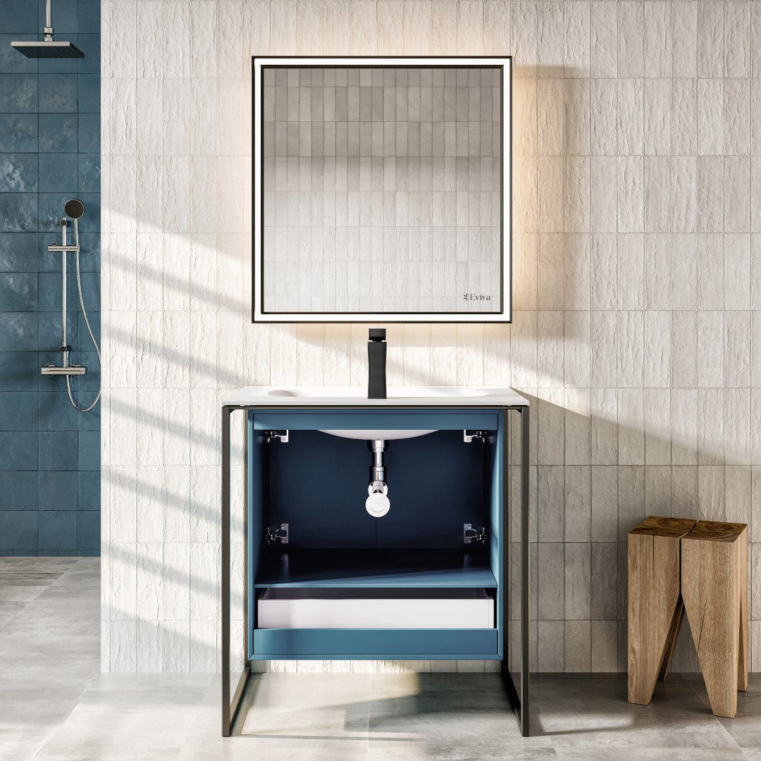 Onyx 26 in. Blue Wall Mount Single Sink Bath Vanity with Solid Surface Top and Integrated Sink