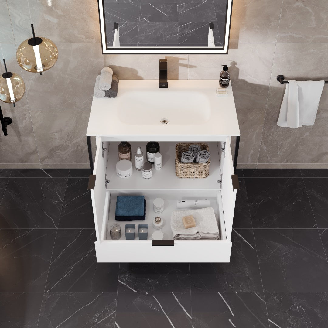 Onyx 34 in. White Wall Mount Single Sink Bath Vanity with Solid Surface Top and Integrated Sink