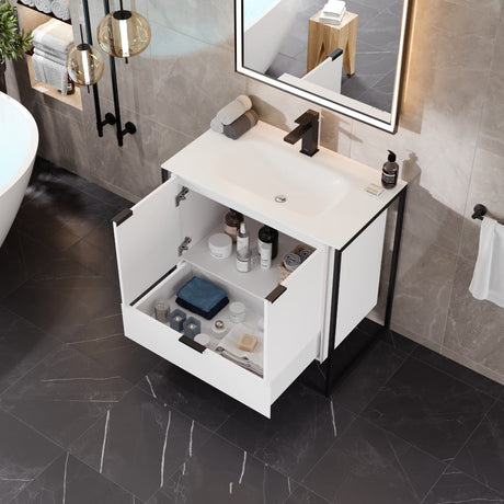 Onyx 34 in. White Wall Mount Single Sink Bath Vanity with Solid Surface Top and Integrated Sink