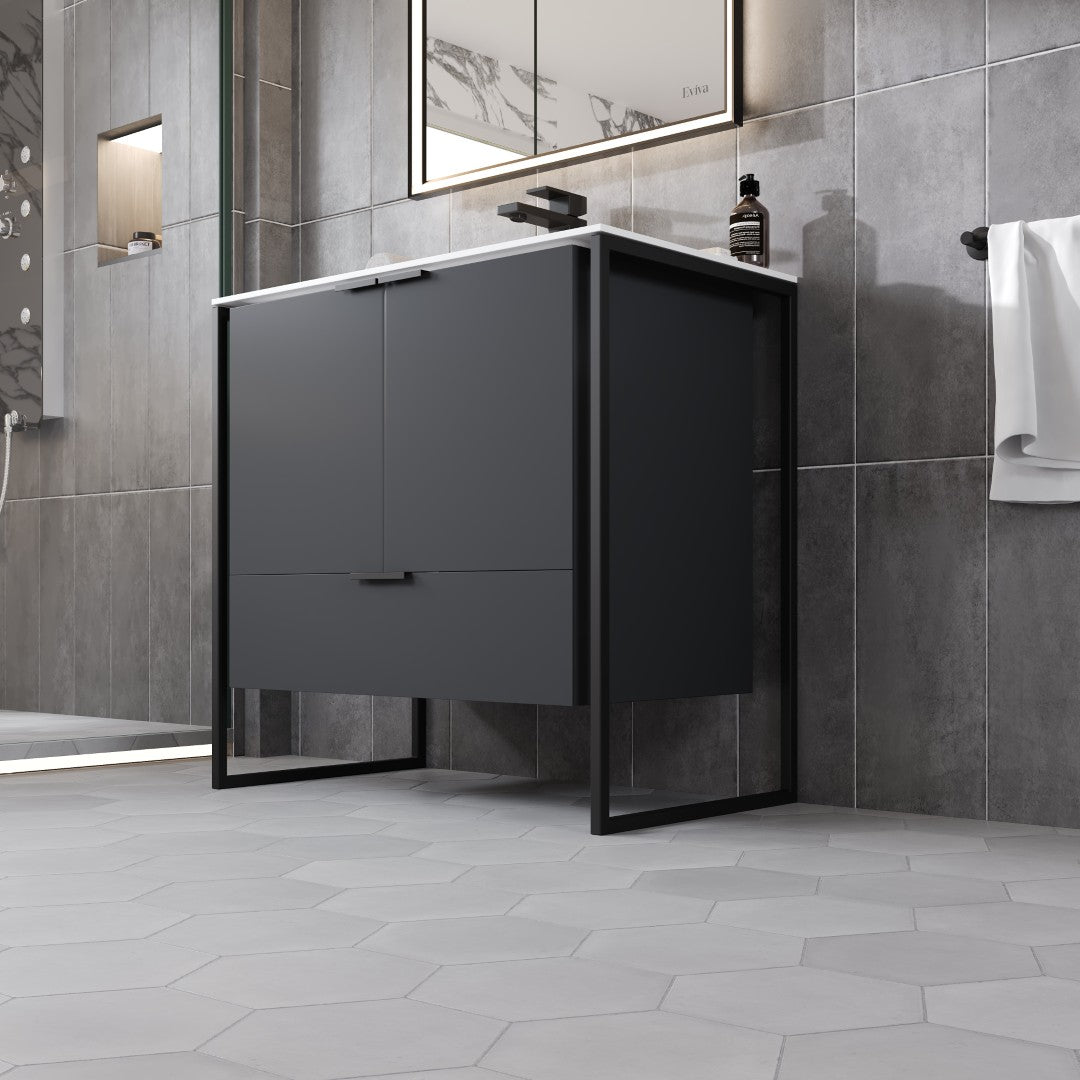Onyx 34 in. Gray Wall Mount Single Sink Bath Vanity with Solid Surface Top and Integrated Sink