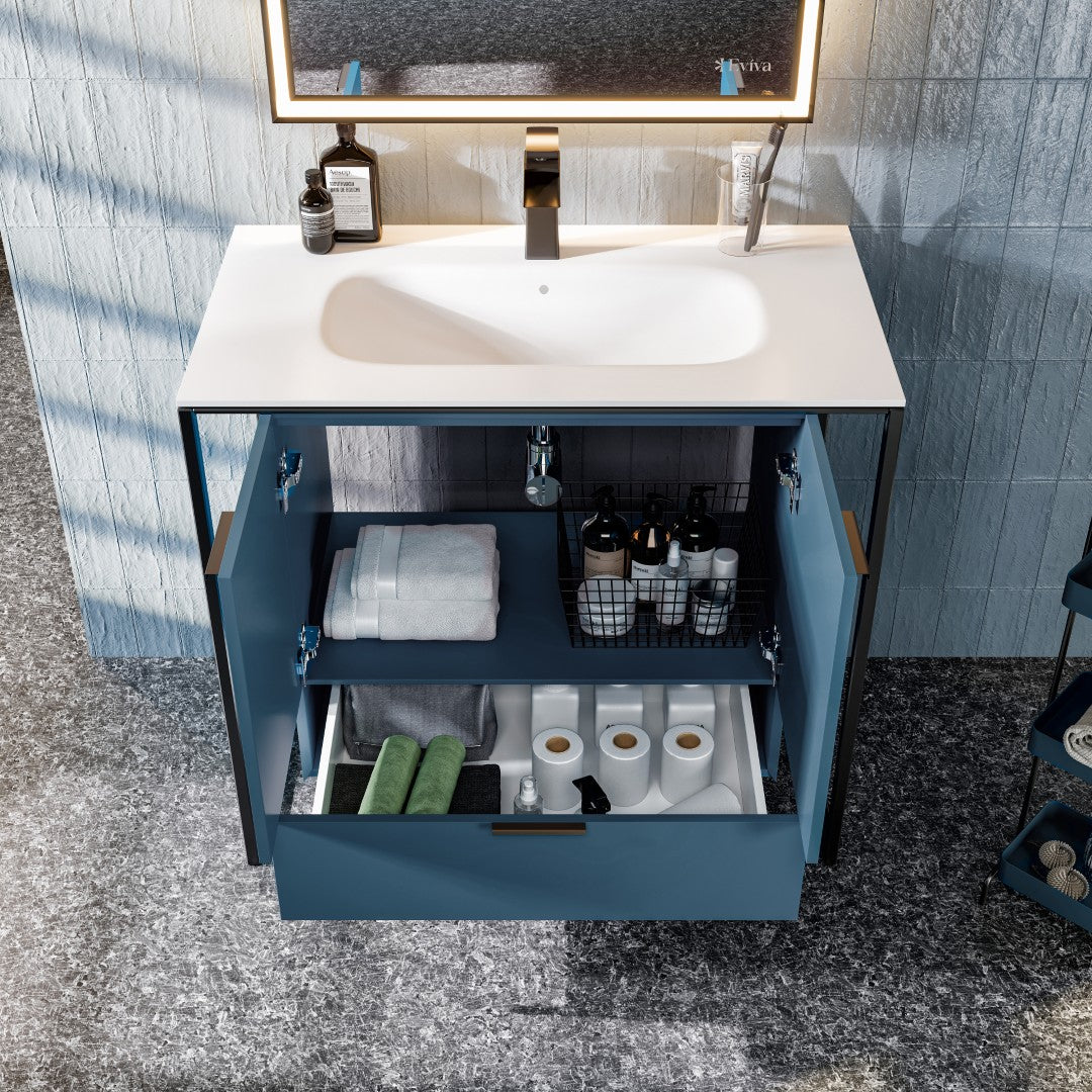 Onyx 34 in. Blue Wall Mount Single Sink Bath Vanity with Solid Surface Top and Integrated Sink