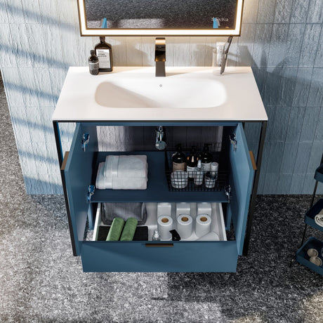 Onyx 34 in. Blue Wall Mount Single Sink Bath Vanity with Solid Surface Top and Integrated Sink