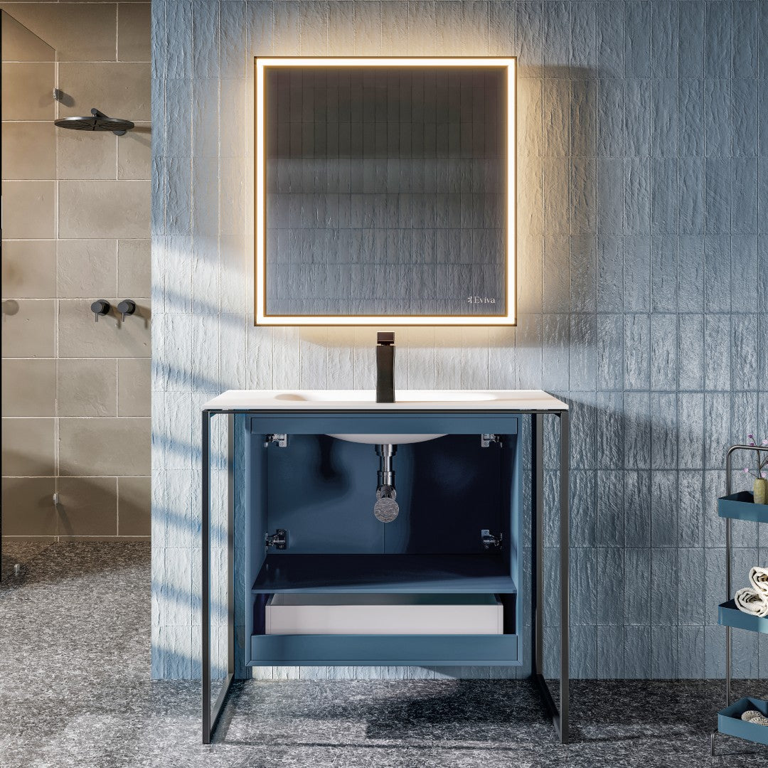 Onyx 34 in. Blue Wall Mount Single Sink Bath Vanity with Solid Surface Top and Integrated Sink