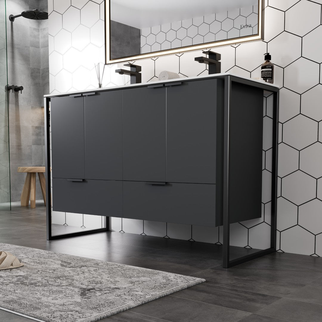 Onyx 48 in. Gray Wall Mount Double Sink  Bath Vanity with Solid Surface Top and Integrated Sinks