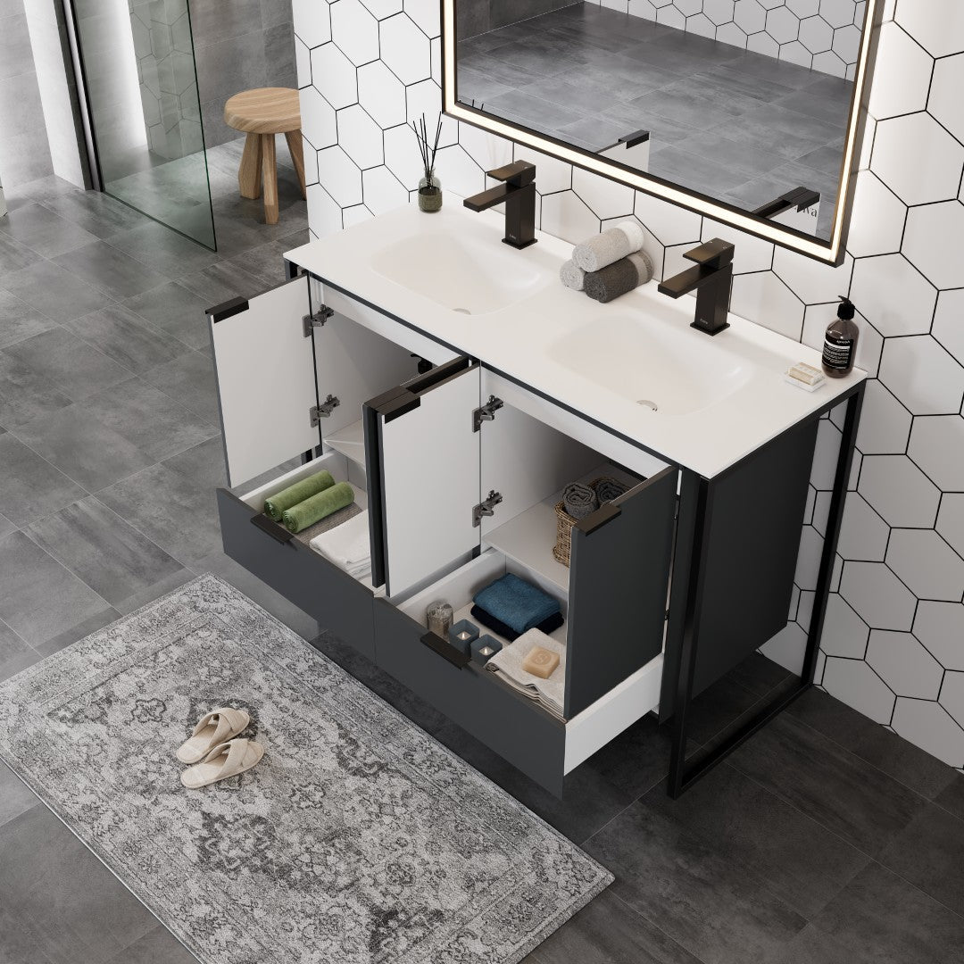 Onyx 48 in. Gray Wall Mount Double Sink  Bath Vanity with Solid Surface Top and Integrated Sinks