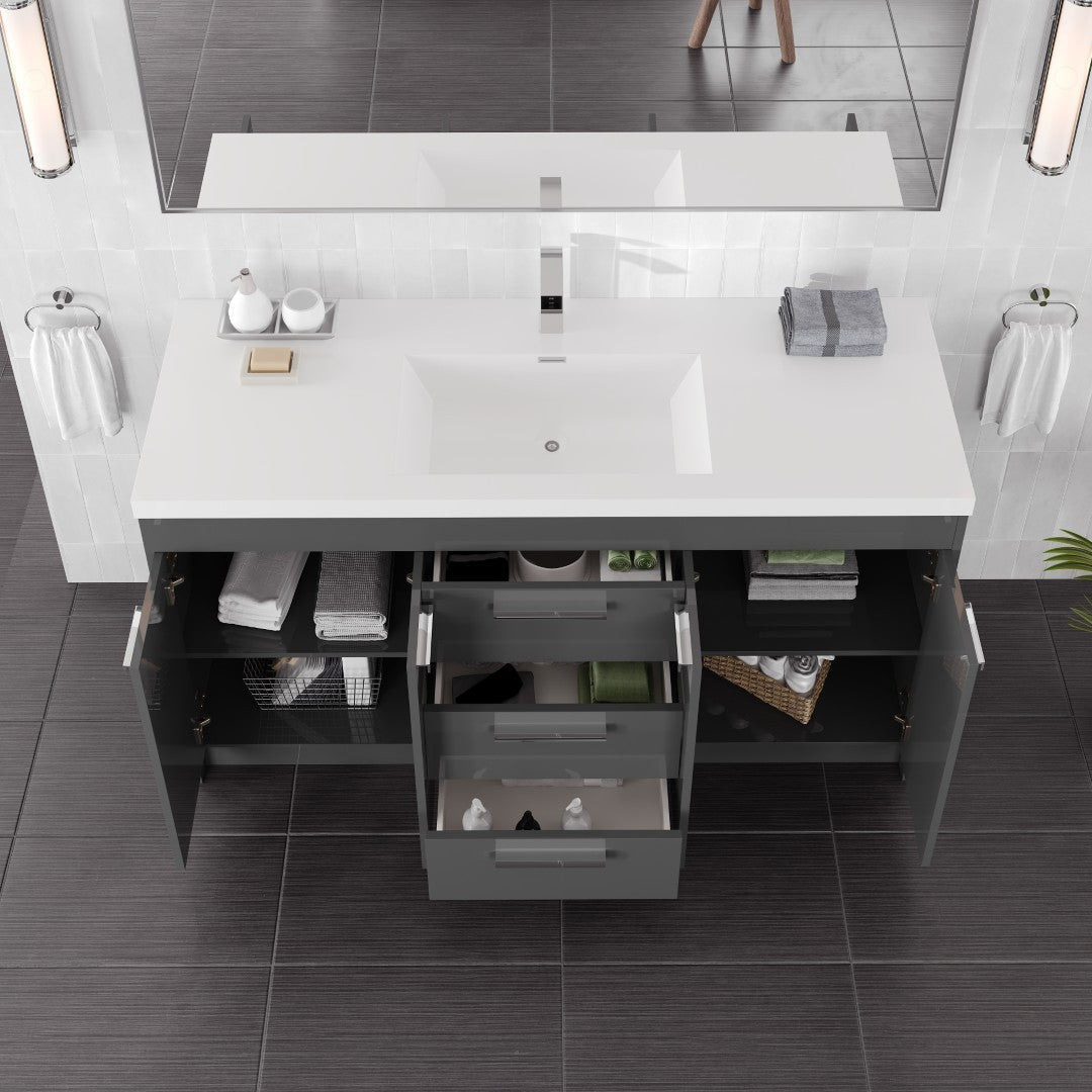 Lugano 60 in. Gray Single Sink Bath Vanity with Acrylic Top and Integrated Sink