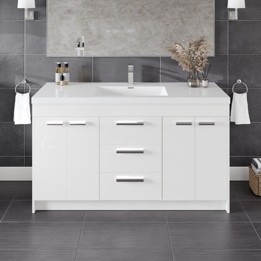 Lugano 60 in. White Single Sink Bath Vanity with Acrylic Top and Integrated Sink