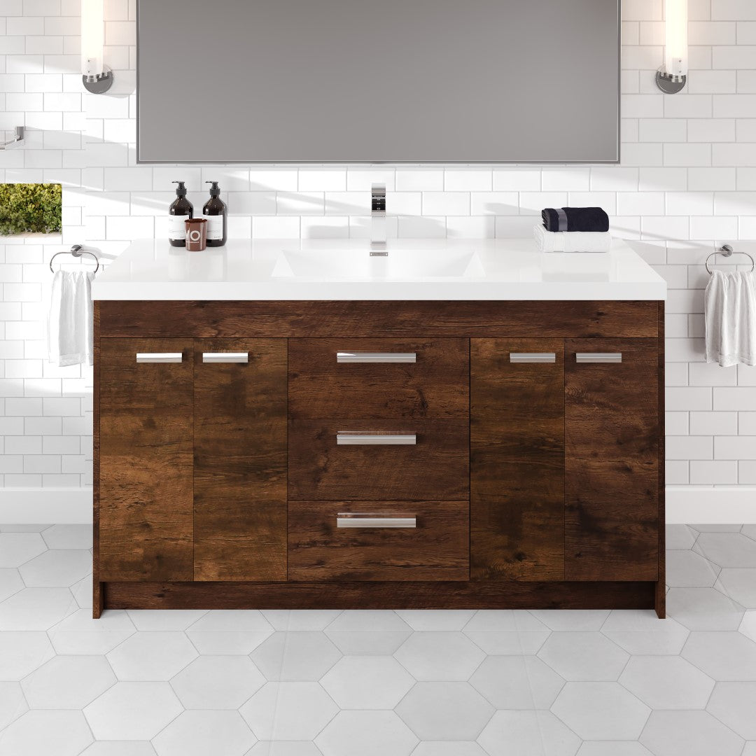 Lugano 60 in. Rosewood Single Sink Bath Vanity with Acrylic Top and Integrated Sink