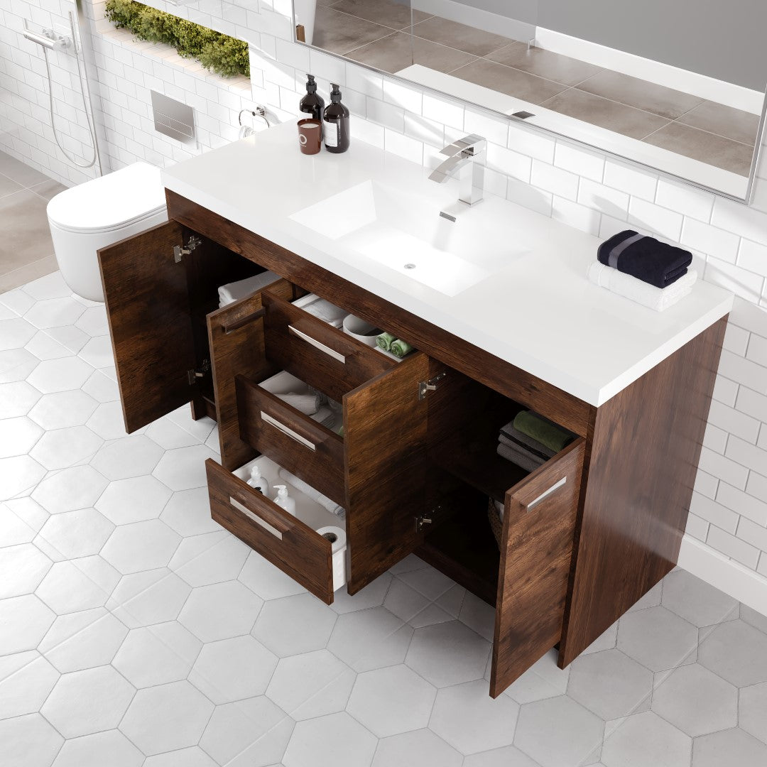 Lugano 60 in. Rosewood Single Sink Bath Vanity with Acrylic Top and Integrated Sink