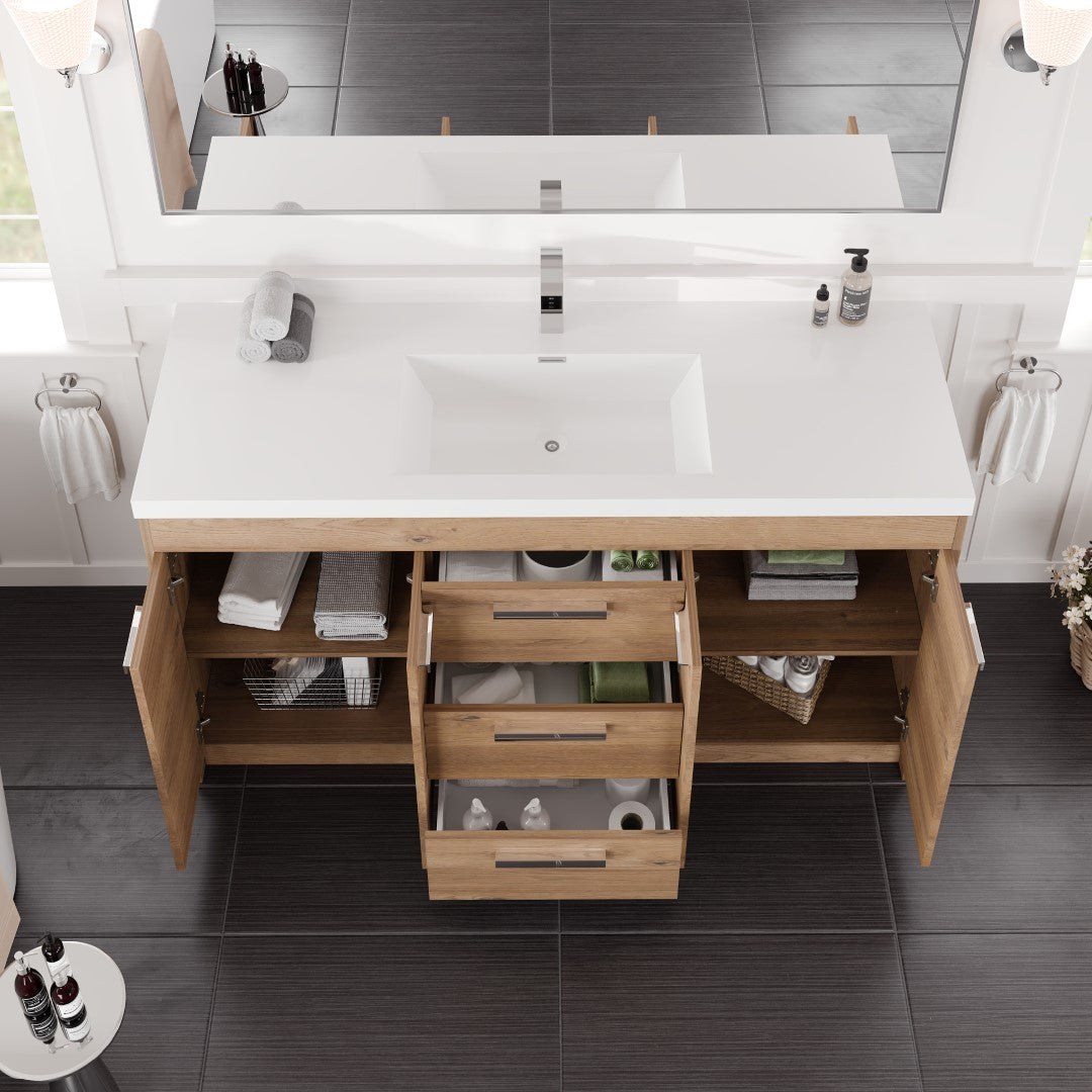 Lugano 60 in. Natural Oak Single Sink Bath Vanity with Acrylic Top and Integrated Sink