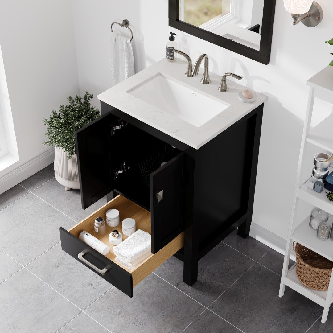 Aberdeen 24 in. Espresso Single Sink Bath Vanity with Carrara Quartz Top and Undermount Porcelain Sink