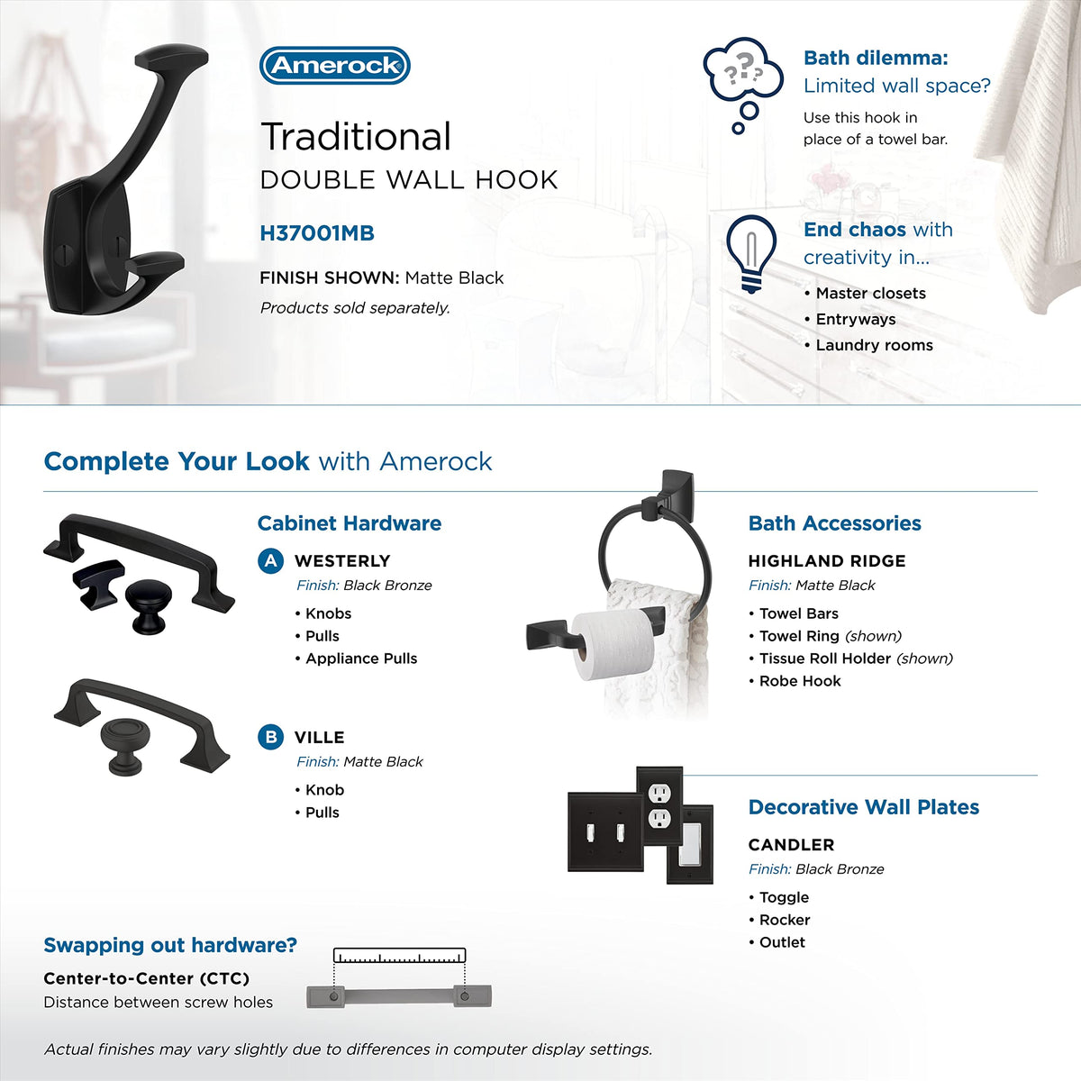 Amerock H37001MB Vicinity Double Prong Decorative Wall Hook Matte Black Hook for Coats, Hats, Backpacks, Bags Hooks for Bathroom, Bedroom, Closet, Entryway, Laundry Room, Office