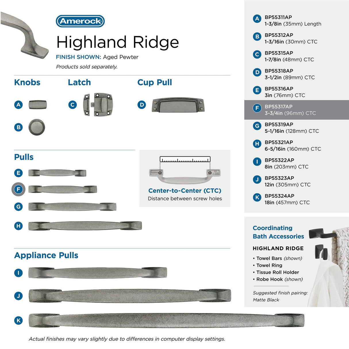 Amerock Cabinet Pull Aged Pewter 3-3/4 inch (96 mm) Center to Center Highland Ridge 1 Pack Drawer Pull Drawer Handle Cabinet Hardware