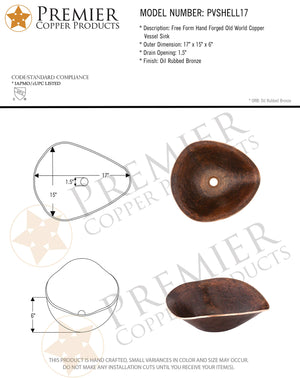 Premier Copper Products PVSHELL17-Inch Free Form Hand Forged Old World Copper Vessel Sink, Oil Rubbed Bronze
