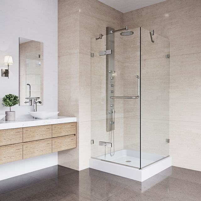 VIGO 36 in. x 36 in. x 79 in. Monteray Frameless Hinged Square Shower Enclosure with Clear 0.38" Tempered Glass and Hardware in Brushed Nickel Finish with Reversible Handle and Base - VG6011BNCL363W