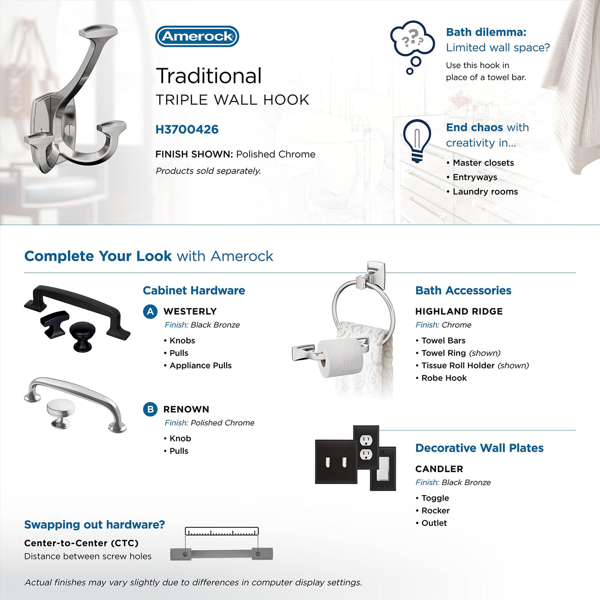 Amerock H3700426 Vicinity Triple Prong Decorative Wall Hook Polished Chrome Hook for Coats, Hats, Backpacks, Bags Hooks for Bathroom, Bedroom, Closet, Entryway, Laundry Room, Office