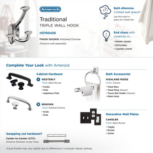 Amerock H3700426 Vicinity Triple Prong Decorative Wall Hook Polished Chrome Hook for Coats, Hats, Backpacks, Bags Hooks for Bathroom, Bedroom, Closet, Entryway, Laundry Room, Office