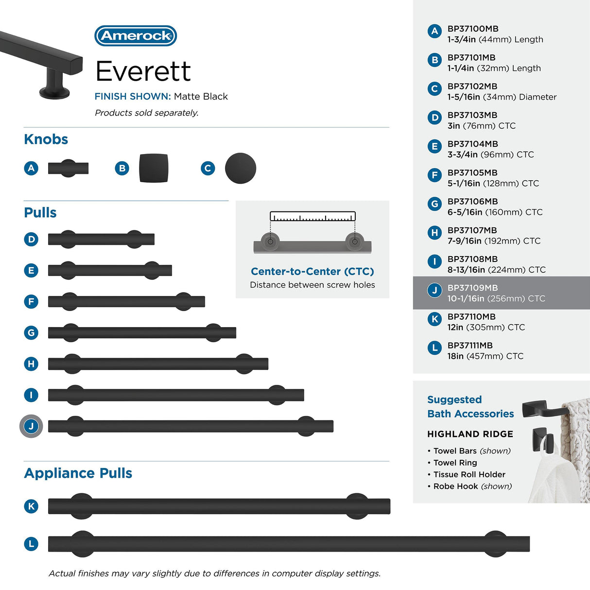 Amerock Corp BP37109MB Everett Pull, 10-1/16 in (256 mm) Center-to-Center, Matte Black