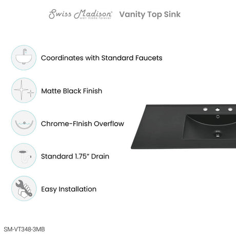 48 inch Ceramic Vanity Sink Top in Matte Black with 3 Holes