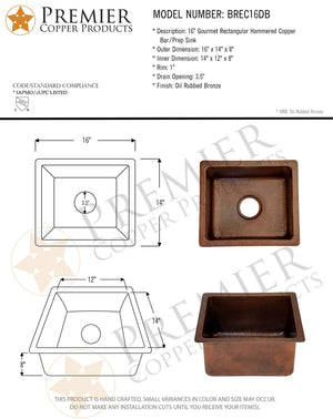 Premier Copper Products BREC16DB 16-Inch Universal Gourmet Rectangular Hammered Copper Kitchen Bar Single Basin Sink, Oil Rubbed Bronze