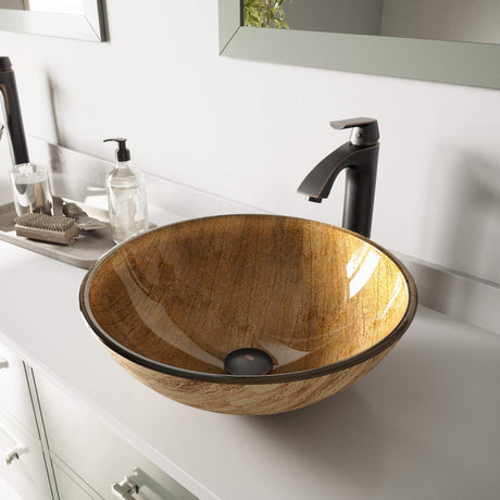 VIGO VGT391 16.5" L -16.5" W -12.38" H Handmade Countertop Glass Round Vessel Bathroom Sink Set in Wooden Finish with Antique Rubbed Bronze Single-Handle Single Hole Faucet and Pop Up Drain