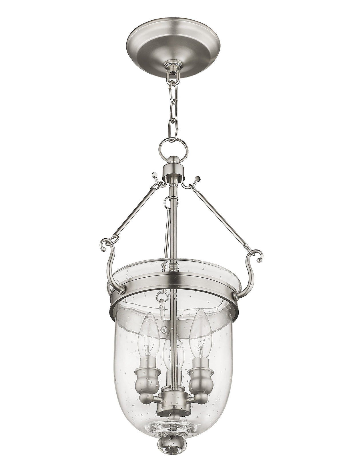 Livex Lighting 5083-91 Jefferson 3 Light Brushed Nickel Bell Jar Hanging Lantern with Seeded Glass
