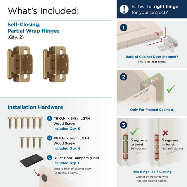 Amerock BPR7565CZ Cabinet Hinge 3/8 in (10 mm) Inset Self Closing Partial Wrap Champagne Bronze Kitchen Cabinet Door Hinge 1 Pair Functional Hardware