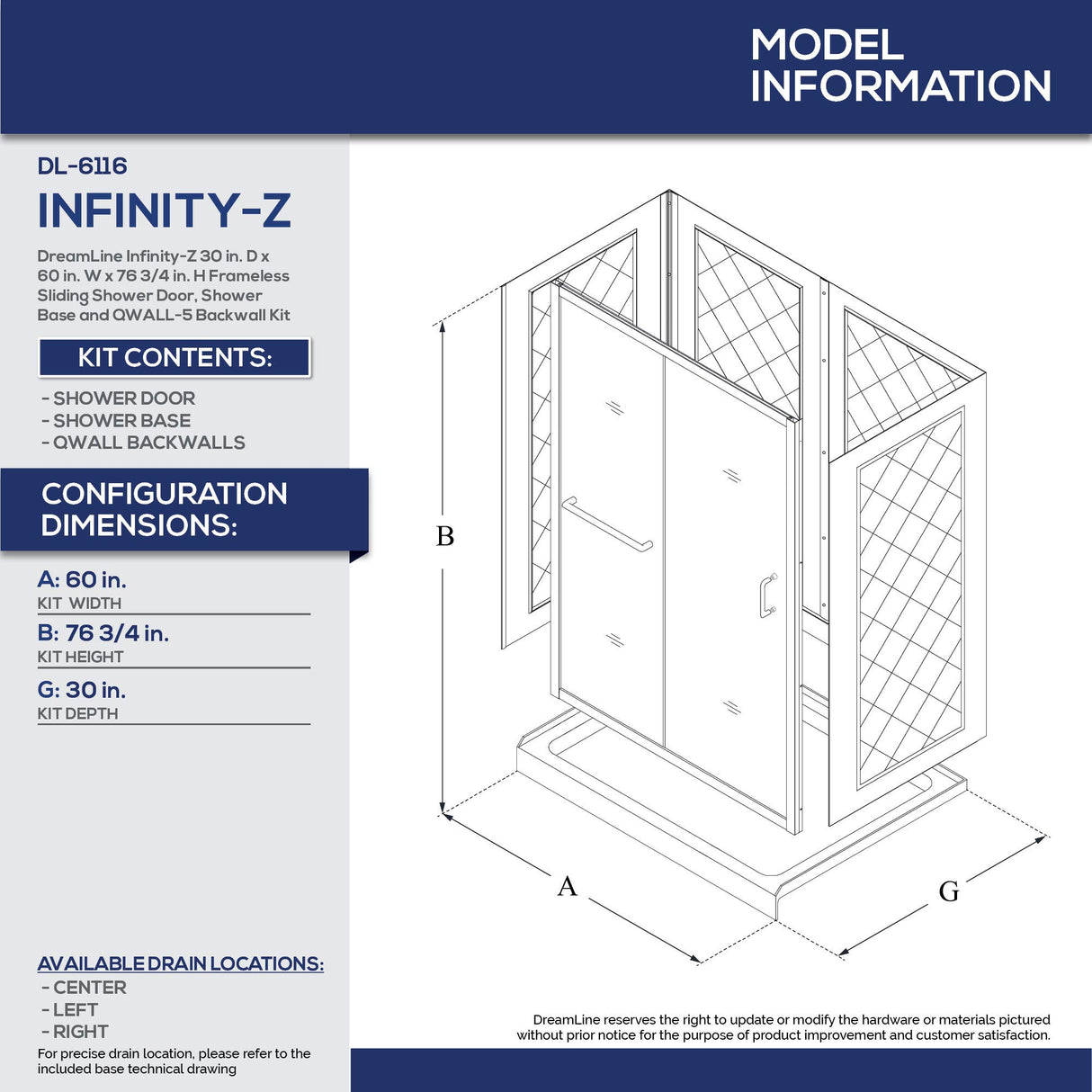 DreamLine Infinity-Z 30 in. D x 60 in. W x 76 3/4 in. H Clear Sliding Shower Door in Brushed Nickel, Left Drain Base and Backwalls, DL-6116L-04CL