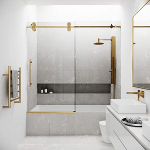 VIGO Adjustable 56-60 in. W x 66 in. H Elan Frameless Sliding Rectangle Tub Door with Clear Tempered Glass and Stainless Steel Hardware in Matte Gold Finish with Reversible Handle - VG6041MGCL6066