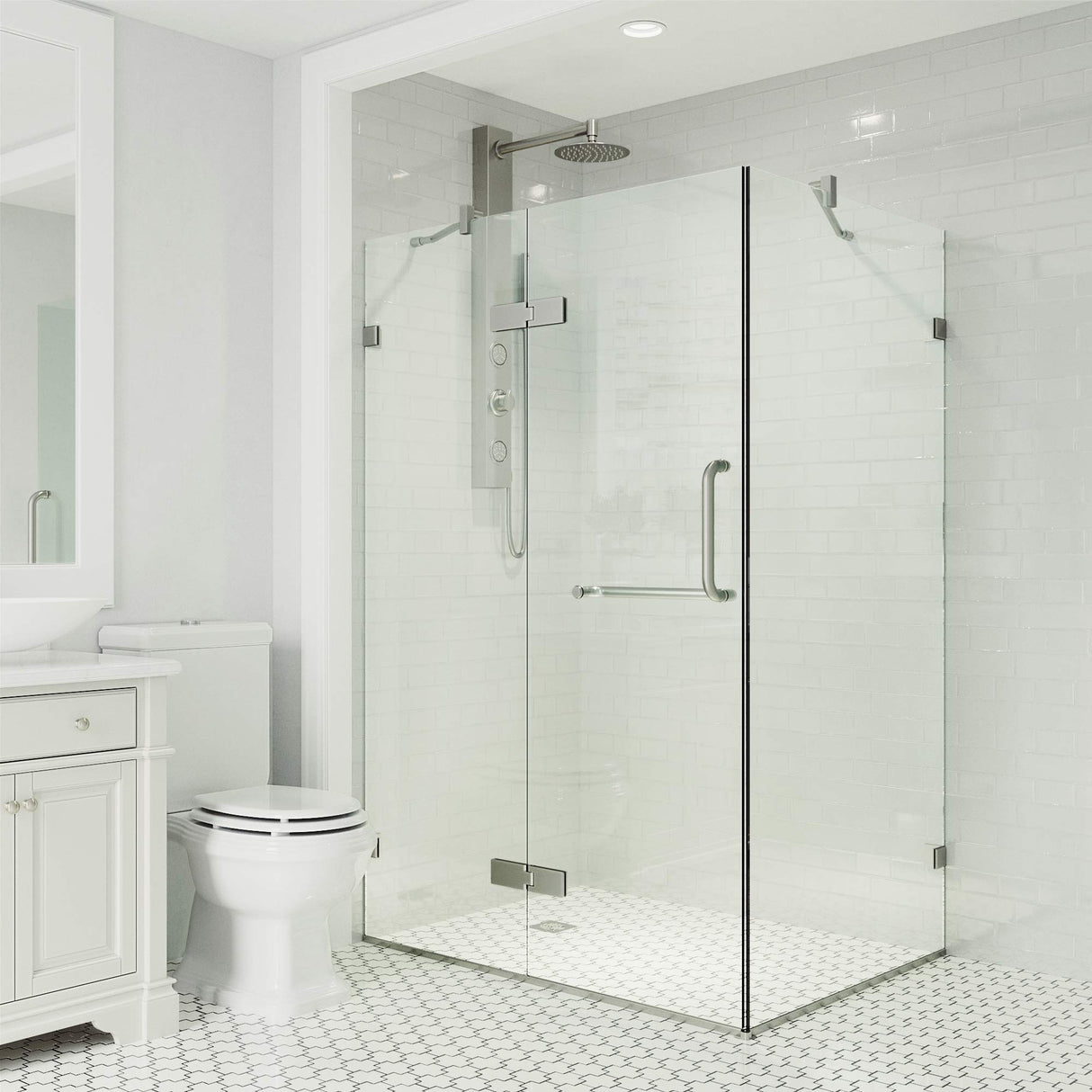 VIGO 34 in. x 46 in. x 73 in. Monteray Frameless Hinged Rectangle Shower Enclosure with Clear 0.38" Tempered Glass and Hardware in Brushed Nickel Finish with Reversible Handle - VG6011BNCL36